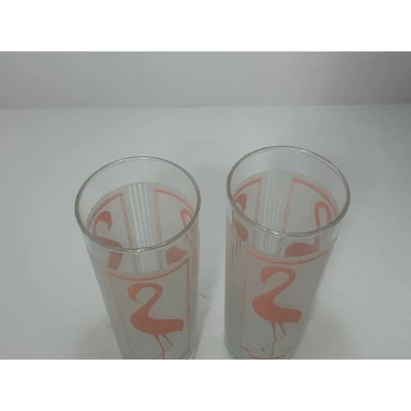 Set of 2 Vtg Glasses Pink flamingo frostedmdrinking glass bird glass Highball‎ - Picture 4 of 9